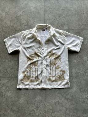 Centro Men's Size L White Palm Tree Print Short Sleeve Button Down Shirt